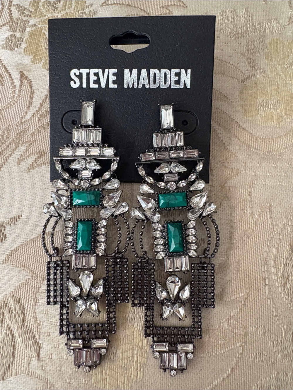 Steve Madden Green and Silver Geometric Crystal Drop Earrings